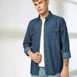 lee cooper Men Regular Fit Denim Shirt with Patch Pocket-picture-6
