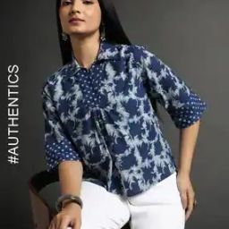 indie picks Indigo Dyed & Double Dabu Print Collar-Neck Short Top-picture-25