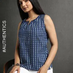 indie picks Indigo Dyed & Double Dabu Print Collar-Neck Short Top-picture-31