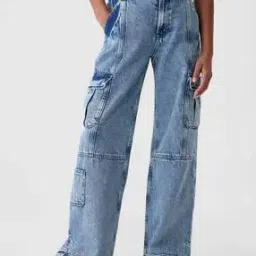 Girls Heavily Washed Baggy Fit Jeans with Cargo Pockets-image-29