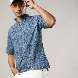 indie picks Handblock Print Hand-Dyed Indigo Double Dabu Cotton Short Kurta image 1