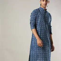 indie picks Handblock Print Hand-Dyed Indigo Double Dabu Cotton Long Kurta-picture-16