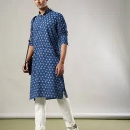 indie picks Handblock Print Hand -Dyed Indigo Double Dabu Cotton Long Kurta image 1