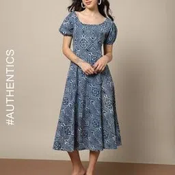 indie picks Handblock Print Cotton Flared Dress-picture-30