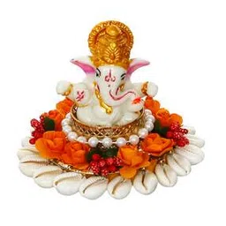 ecraftindia Lord Ganesha Idol on Shells and Orange Floral Singhasan for Home/Temple/Office/Car-picture-25