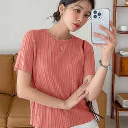womenster Women Cable-Knit Relaxed Fit Crew-Neck T-Shirt-picture-52