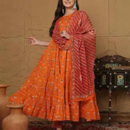 gulmohar jaipur Cotton Calf Length Printed Sleeveless Round Neck Anarkali Kurta Suit Set image 1