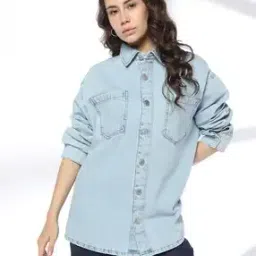 Women Oversized Denim Shirt with Patch Pockets-image-34