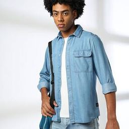 lee cooper Men Regular Fit Denim Shirt with Flap Pockets-picture-7