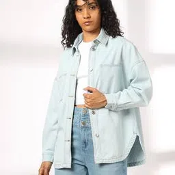 Women Regular Fit Denim Overshirt with Patch Pockets-image-64