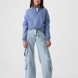 Girls Heavily Washed Baggy Fit Cargo Jeans-image-25