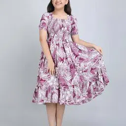 asthamoxi Girls Leaf Print Tiered Dress with Short Sleeves-picture-53