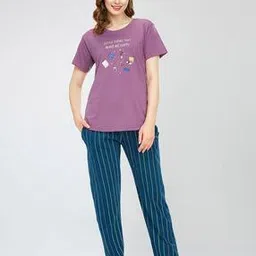 zeyo Women Typographic Print T-Shirt & Pyjamas Set-picture-12