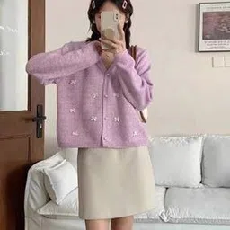 Women V-Neck Cardigan with Bow Applique-image-25