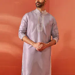 vastramay Men Embroidered Regular Fit Long Kurta with Mandarin Collar image 1