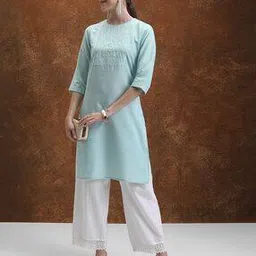 Women Embroidered No Darts Straight Kurta-image-1