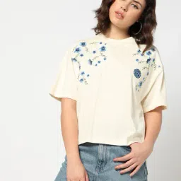 yousta Women Floral Varsity Embroidered Boxy Fit Crew-Neck T-Shirt image 1