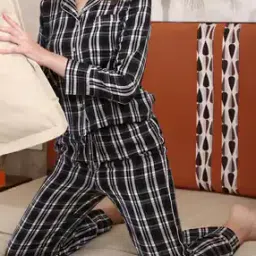 Shein Lapel Collar Full Sleeve Checks Shirt & Pyjama Set-image-21