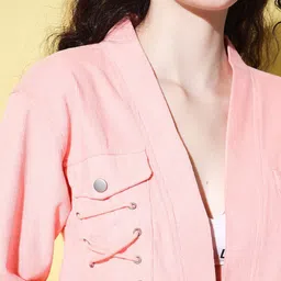 The Dry State Women Pink Corduroy Crop Open Front Jacket image 3