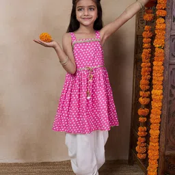 pspeaches Girls Bandhani Printed Shoulder Straps Gotta Patti A-Line Kurta With Dhoti Pants image 4