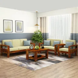 Madhavi 3+2+1 Seater Wooden Sofa (Creame Colour, Honey Finish)-image-11