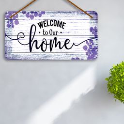 SAF White & Purple Welcome To Our Home Printed Wooden Wall Hanging With Zardoori String-picture-15