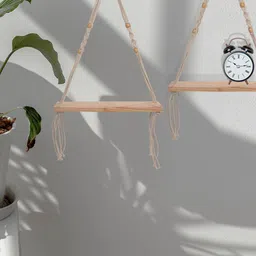 Homesake Set Of 2 Beige Handmade Macrame Hanging 1-Tier Shelf Wall Decor-picture-36