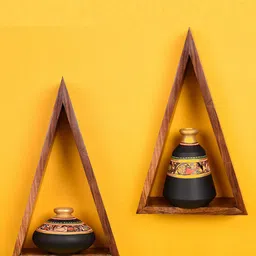 AAKRITI ART CREATIONS Set Of 2 Black & Gold Handcrafted Wooden Shelf & Pots-picture-15