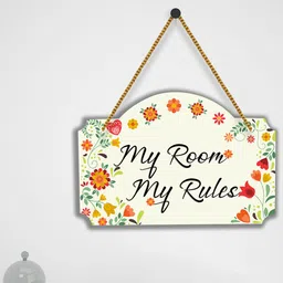SAF White & Yellow My Room My Rules Printed Wooden Wall Hanging With Zardoori-picture-12
