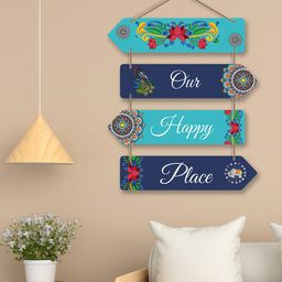 ArtVibes Navy Blue & Teal Green Happy Place Quotes Painted Rectangle Wooden Wall Hanging-picture-9