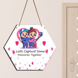 SAF Light White & Pink Love Couple Hexagon Design Wooden Wall Hanging With Zardozi String-picture-4