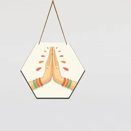 SAF Yellow & Orange Coloured Namaste Printed Hexagon Wall Hanging-picture-27