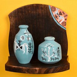 AAKRITI ART CREATIONS Wooden Shelf With 2 Madhubani Design Pots-picture-14