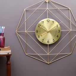 Amaya Decors Gold toned Analogue Contemporary Hexagon Wire Wall Clock-picture-3