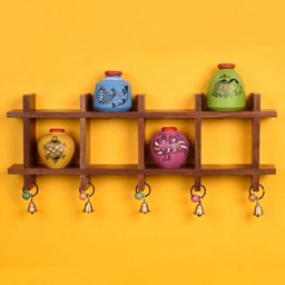 AAKRITI ART CREATIONS Brown Wall Decor Ladder & 4 Colored Handcrafted Madhubani Pots-picture-5
