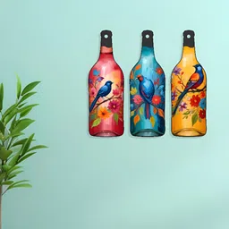 SAF Red & Blue 3 Pieces Bird Theme Bottle Shaped Wooden Wall Decors-picture-39