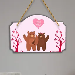 SAF Pink & Brown Love Couple Design Wooden Wall Hanging With Zardoori String-picture-26