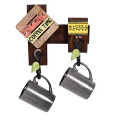 AAKRITI ART CREATIONS Brown & Yellow Wood Wall Shelf with Keyholders image 2