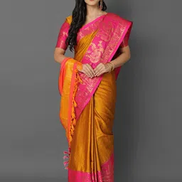 Mitera Yellow & Gold-Toned Woven Design Zari Silk Cotton Mysore Silk Saree-picture-38