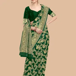 KALINI Green & Gold-Toned Woven Design Silk Blend Banarasi Saree image 3