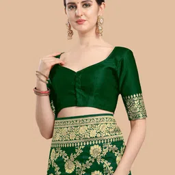 KALINI Green & Gold-Toned Woven Design Silk Blend Banarasi Saree image 5