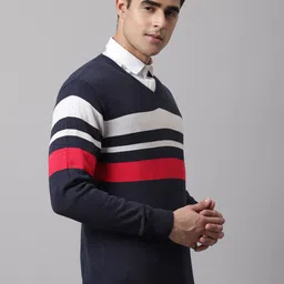 Cantabil Men Navy Blue & Red Striped Striped Pullover image 3