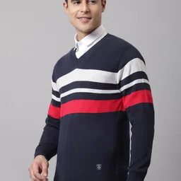 Cantabil Men Navy Blue & Red Striped Striped Pullover image 4