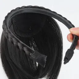 hair wala HAIR WALA™ Front Hair Bangs Fringe Hair Extensions Synthetic Fake Bangs Hair Neat Fringe Bangs with Double Row Braids Headband for Women Girls Bangs Hair (Color : Black) image 5