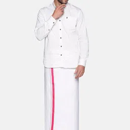 Sethukrishna Men White & Pink Solid Cotton Mundu image 3
