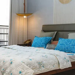 URBAN SPACE White & Blue Floral Pure Cotton AC Room Double Bed Blanket image 1