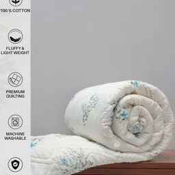 URBAN SPACE White & Blue Floral Pure Cotton AC Room Double Bed Blanket image 4