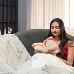 URBAN SPACE White & Blue Floral Pure Cotton AC Room Double Bed Blanket image 5