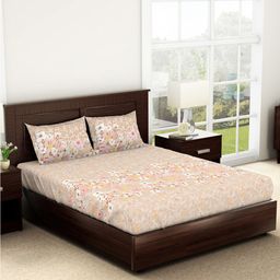 SPACES Beige & White Floral 140 TC Queen Bedsheet with 2 Pillow Covers-picture-18