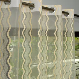 Homefab India Wavenet Cream-Coloured & Green 2 Pieces Self Design Sheer Long Door Curtains image 3